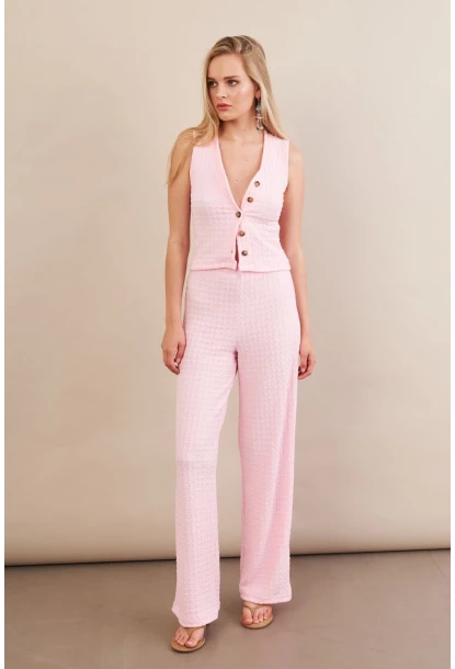 Kadın Pembe Gofre Yelek Pantalon Takım FLU330