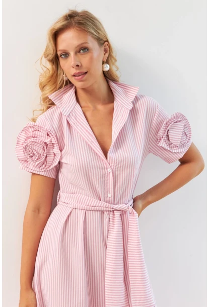 Kadın Pembe Gül Detaylı Midi Gömlek Elbise SF12812