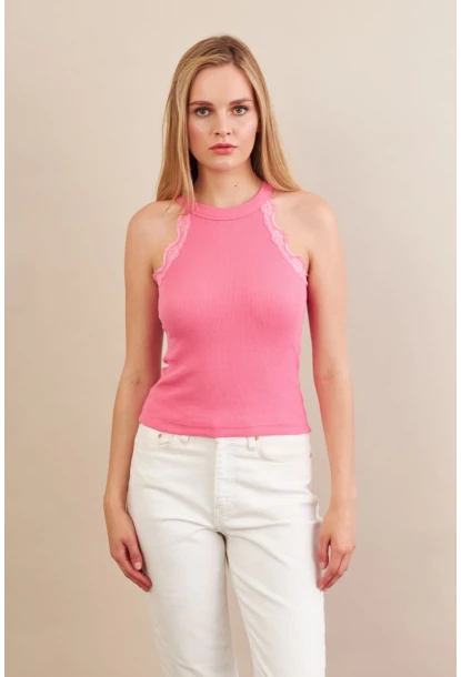 Kadın Pembe Halter Yaka Dantelli Bluz MK04