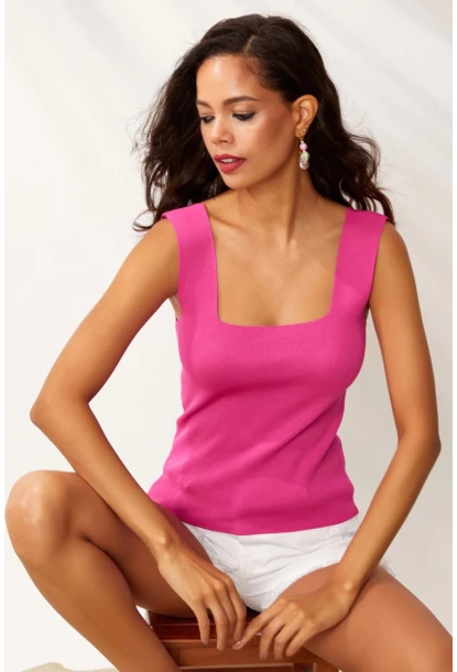 Kadın Pembe Kare Yaka Triko Bluz YV80