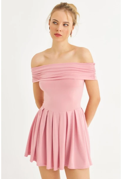 Kadın Pembe Madonna Yaka Midi Elbise MON1262-1