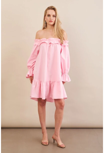 Kadın Pembe Madonna Yaka Midi Elbise PSG1012