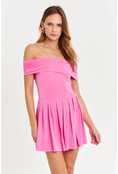 Kadın Pembe Madonna Yaka Mini Elbise MON1262