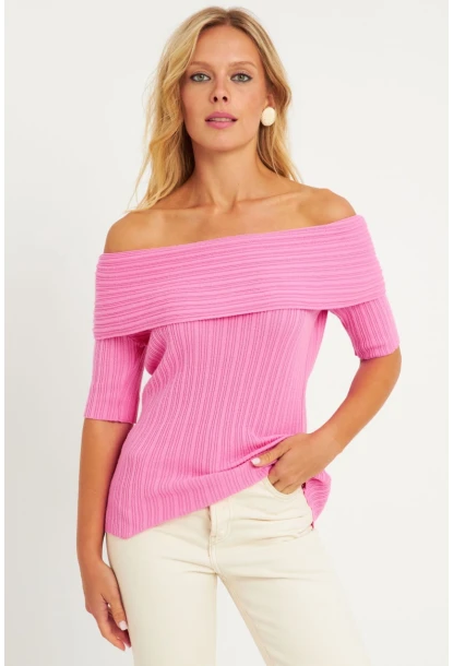 Kadın Pembe Madonna Yaka Triko Bluz KZ538