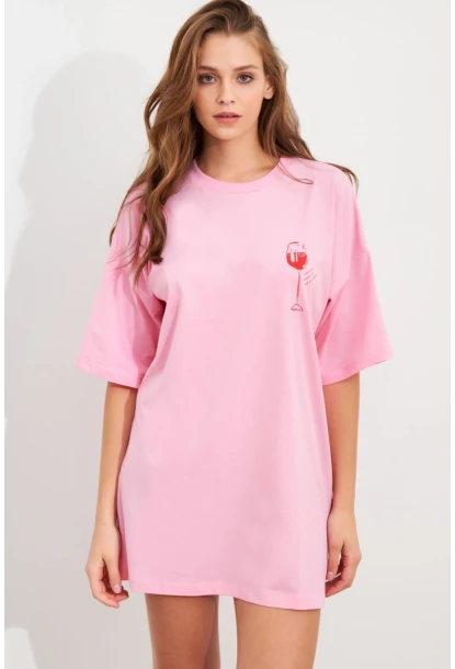 Kadın Pembe Oversize Pijama T-Shirt TPG14