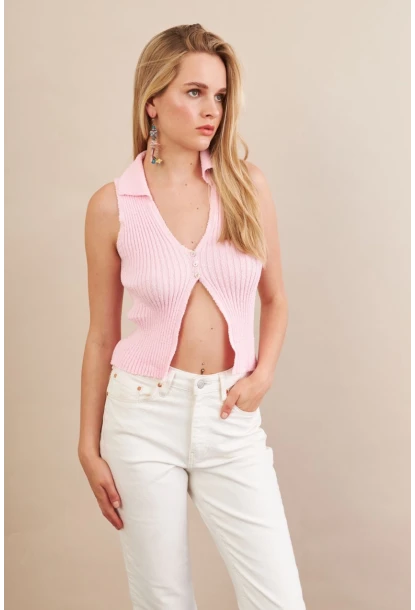 Kadın Pembe Polo Yaka Yumoş Yelek ZH050