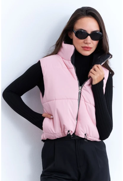 Kadın Pembe-Siyah Çift Taraflı Şişme Kısa Yelek MX12