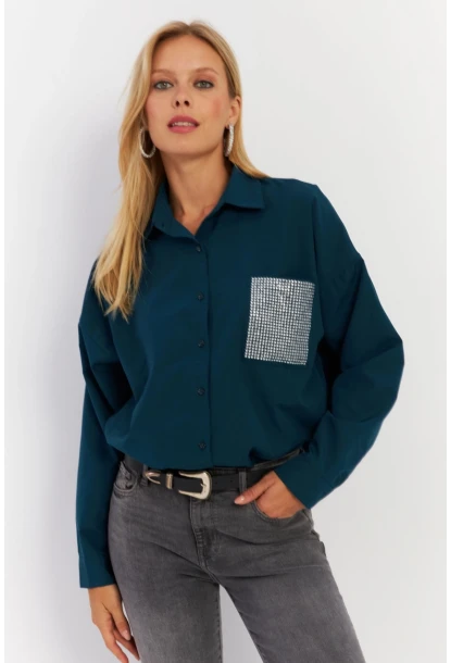 Kadın Petrol Cepli Taşlı Gömlek ZER414