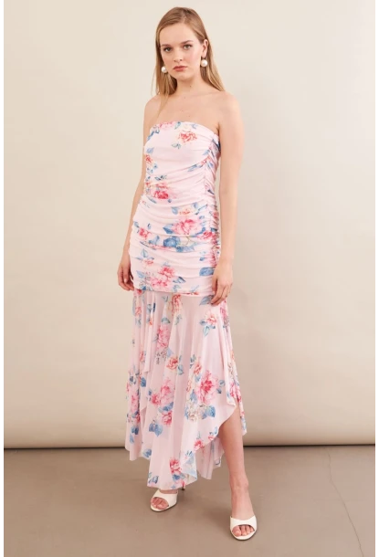 Kadın Pudra Drapeli Straplez Midi Tül Elbise ERL101