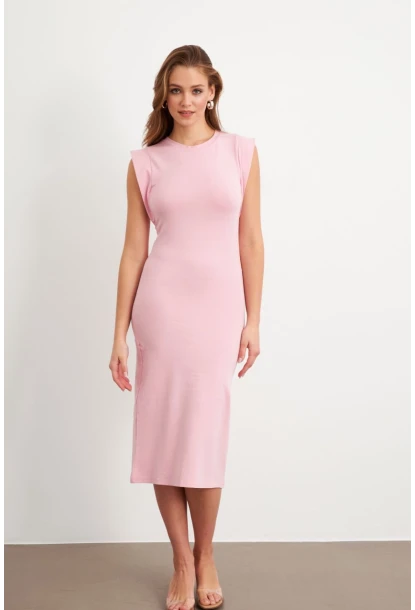 Kadın Pudra Kolsuz Basic Midi Elbise FLU7109