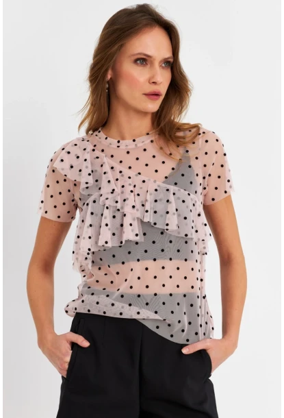Kadın Pudra-Siyah Puantiyeli Tül Bluz ZH029