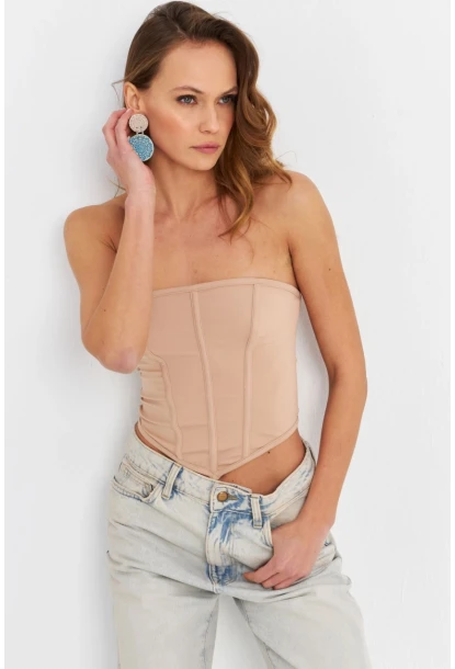 Kadın Pudra Straplez Crop Bluz B6081