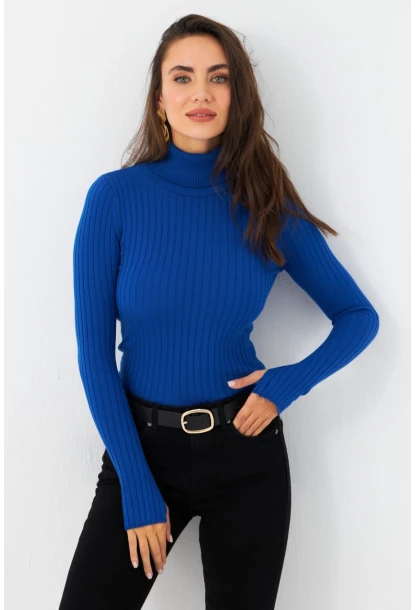 Kadın Saks Balıkçı Yaka Triko Bluz YV102-90