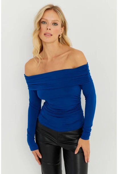 Kadın Saks Büzgülü Madonna Bluz MON1119