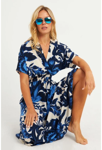 Kadın Saks Desenli Gipeli Midi Elbise YZ1055