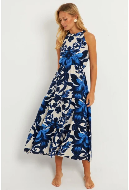 Kadın Saks Desenli Midi Elbise YZ1107