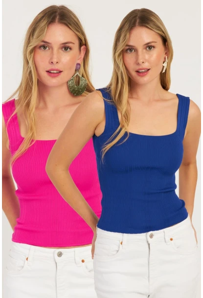 Kadın Saks-Fuşya İkili Kare Yaka Triko Bluz SMT226