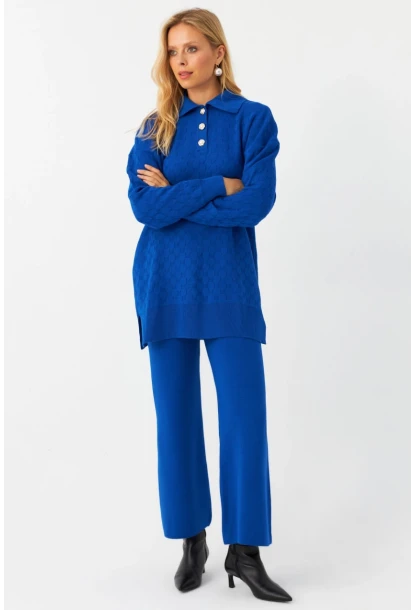 Kadın Saks İnci Düğmeli Triko Alt Üst Takım MNUV33