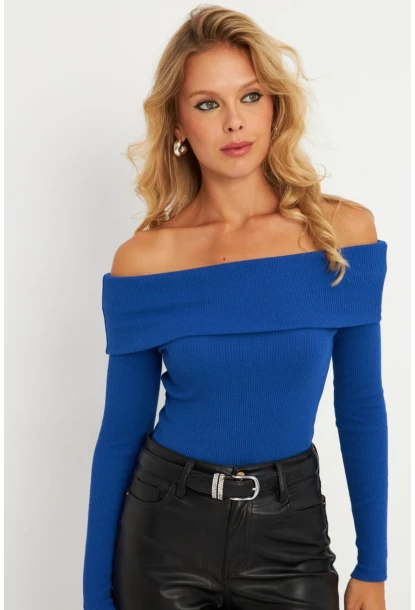 Kadın Saks Madonna Yaka Kaşkorse Bluz XL2210