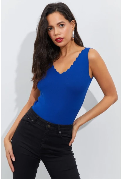 Kadın Saks Merdiven Yaka Triko Bluz YV83