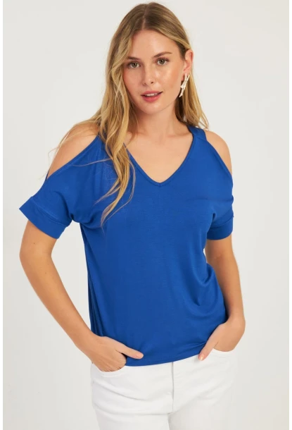 Kadın Saks Omuzları Açık Bluz BR1329