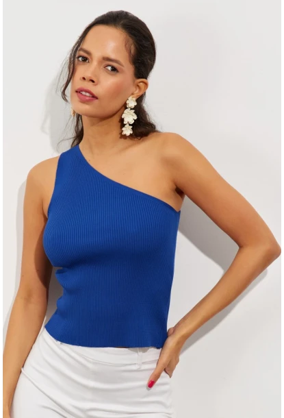 Kadın Saks Tek Omuz Triko Bluz YV90