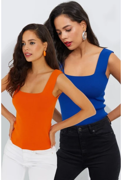 Kadın Saks-Turuncu Kare Yaka İkili Triko Bluz YV130