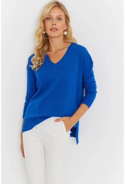 Kadın Saks V Yaka Triko Kazak YİL549