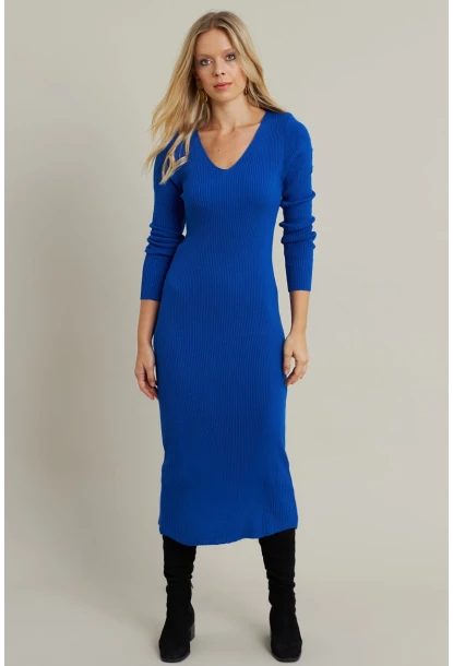 Kadın Saks V Yaka Triko Midi Elbise YİL560