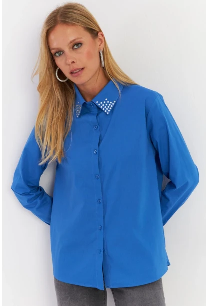 Kadın Saks Yakası Taşlı Gömlek MZER413