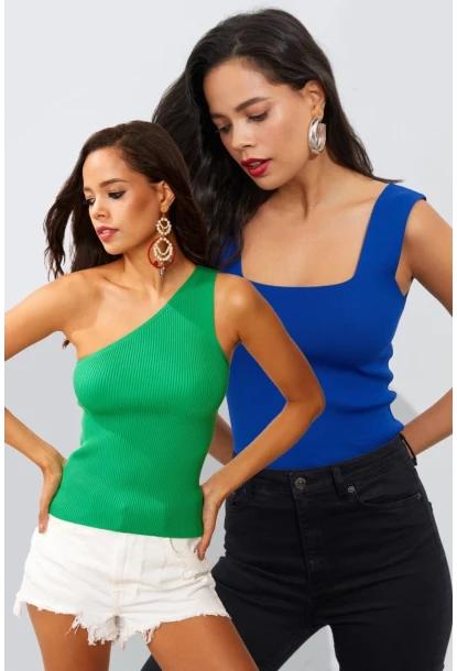 Kadın Saks-Yeşil Asimetrik Yaka İkili Triko Bluz YV131