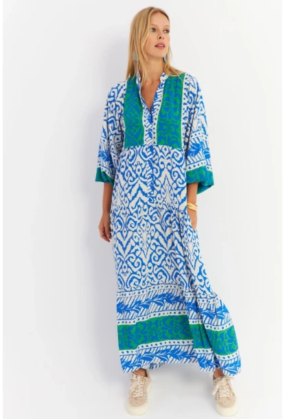 Kadın Saks-Yeşil Volanlı Maxi Elbise MALO11