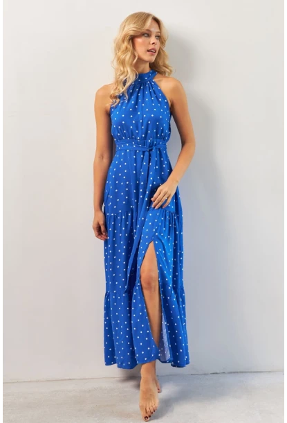 Kadın Saks Yırtmaçlı Puantiyeli Midi Elbise KED4233