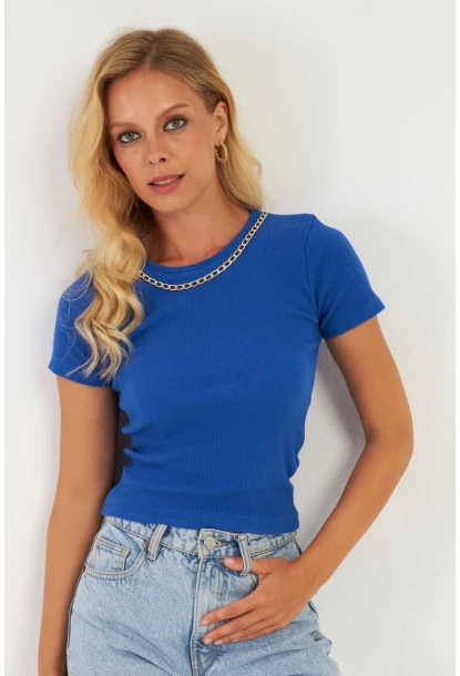 Kadın Saks Zincir Aksesuarlı Bluz XL2020