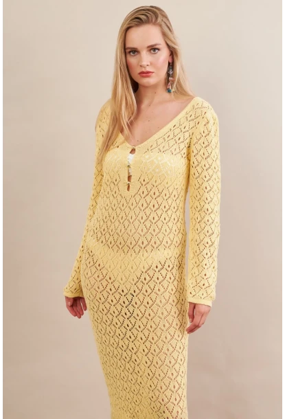 Kadın Sarı Aksesuarlı Triko Plaj Elbisesi KZ3237-90