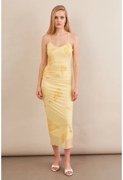 Kadın Sarı Astarlı Midi Tül Elbise MRS130