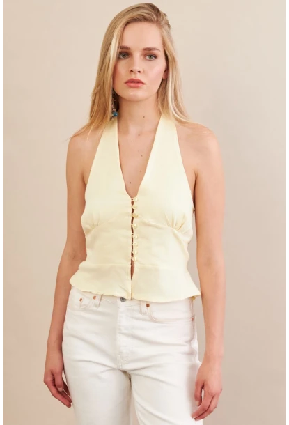 Kadın Sarı Boyun Bağlamalı Keten Yelek FS129