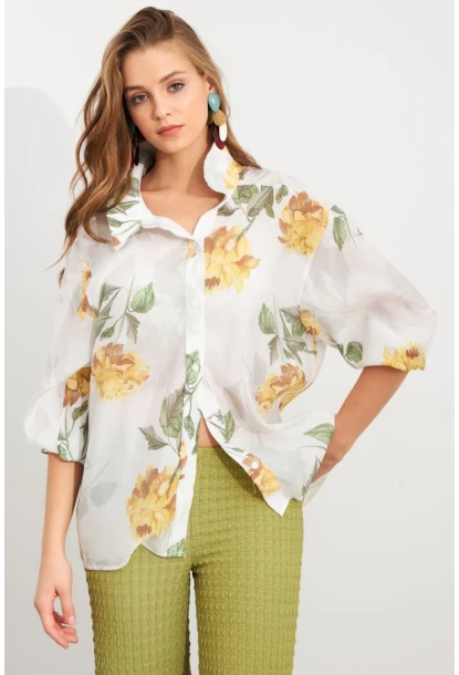 Kadın Sarı Çiçek Desenli İnce Keten Gömlek MCAR1068