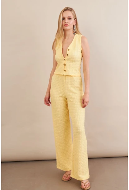 Kadın Sarı Gofre Yelek Pantalon Takım FLU330
