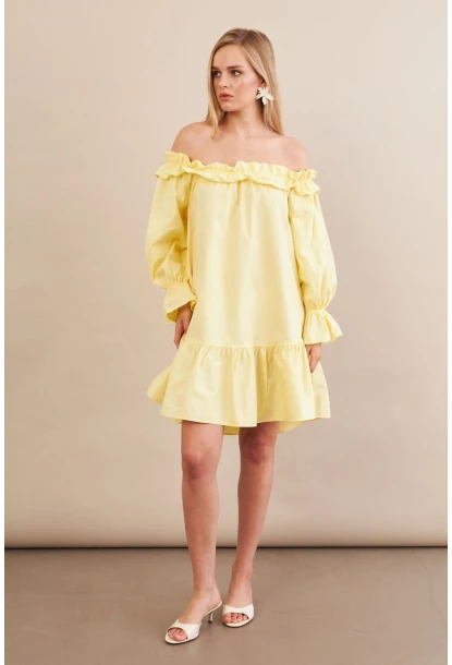 Kadın Sarı Madonna Yaka Midi Elbise PSG1012