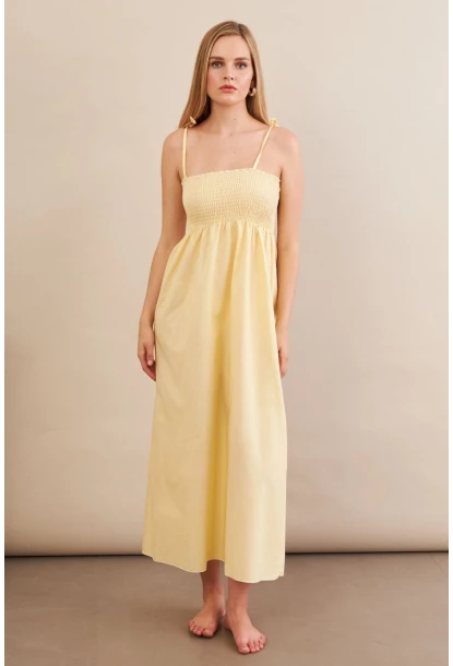 Kadın Sarı Straplez Çizgili Plaj Elbisesi