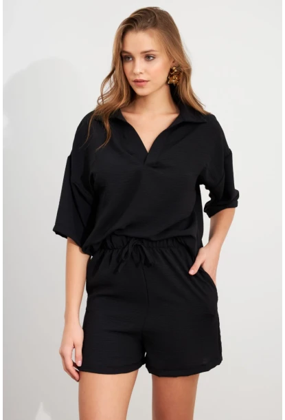 Kadın Siyah Aerobin Şort Takım Q1005