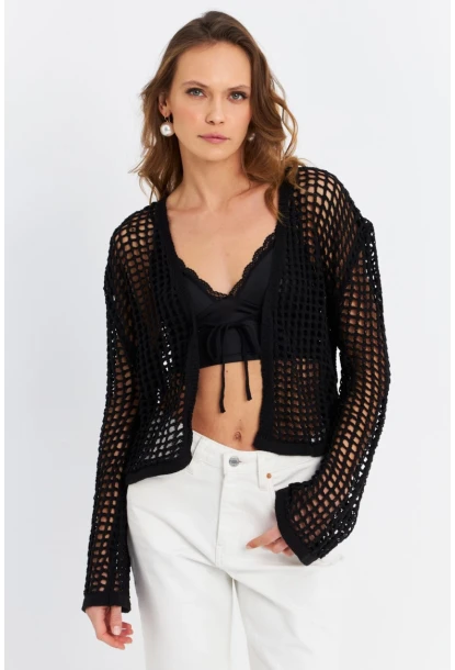 Kadın Siyah Ajurlu İspanyol Kol Hırka DS200