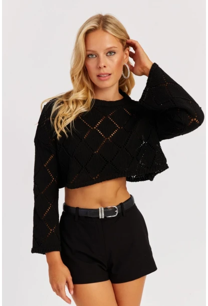 Kadın Siyah Ajurlu Kısa Triko Bluz YZ628