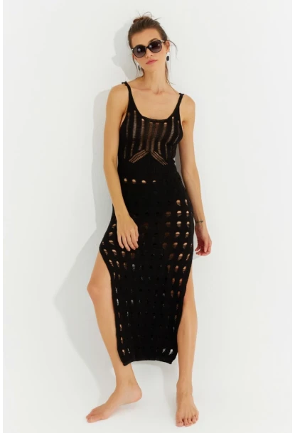 Kadın Siyah Ajurlu Triko Maxi Elbise SF2504