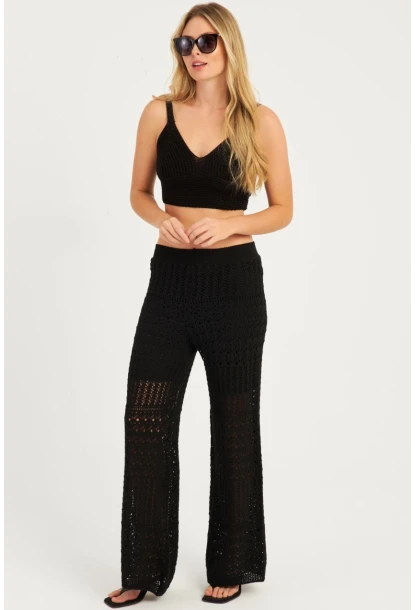 Kadın Siyah Ajurlu Triko Pantolon YZ3062