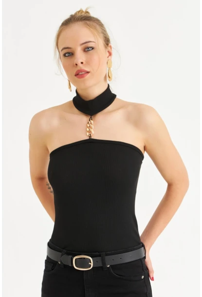 Kadın Siyah Aksesuar Detaylı Kaşkorse Bluz EY3084
