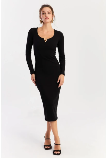 Kadın Siyah Aksesuarlı Kaşkorse Midi Elbise RLO75