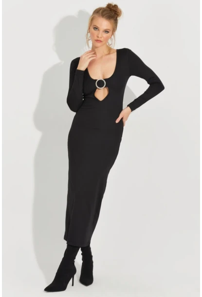 Kadın Siyah Aksesuarlı Midi Elbise EY2591