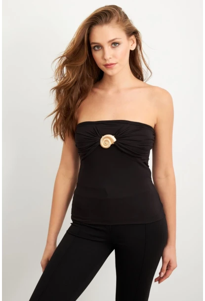 Kadın Siyah Aksesuarlı Straplez Bluz EY3086